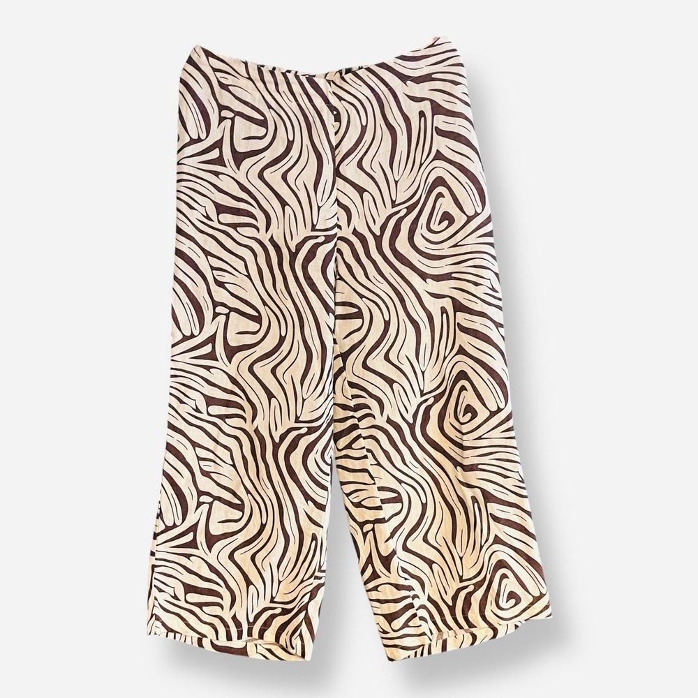 Tahari Women Pants Large Brown White Linen Zebra Print 24" Inseam Zip Waist